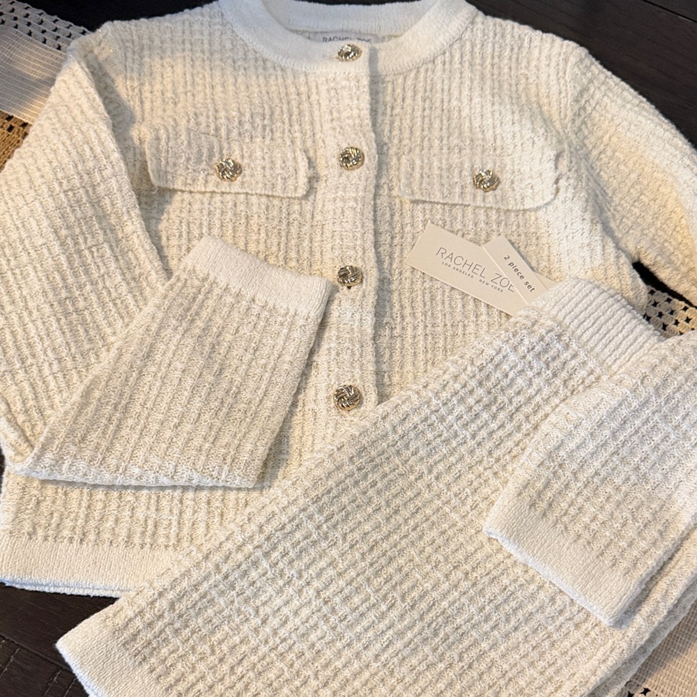Rachel Zoe Ivory-Cream Textured Knit Cardigan & Skirt Set